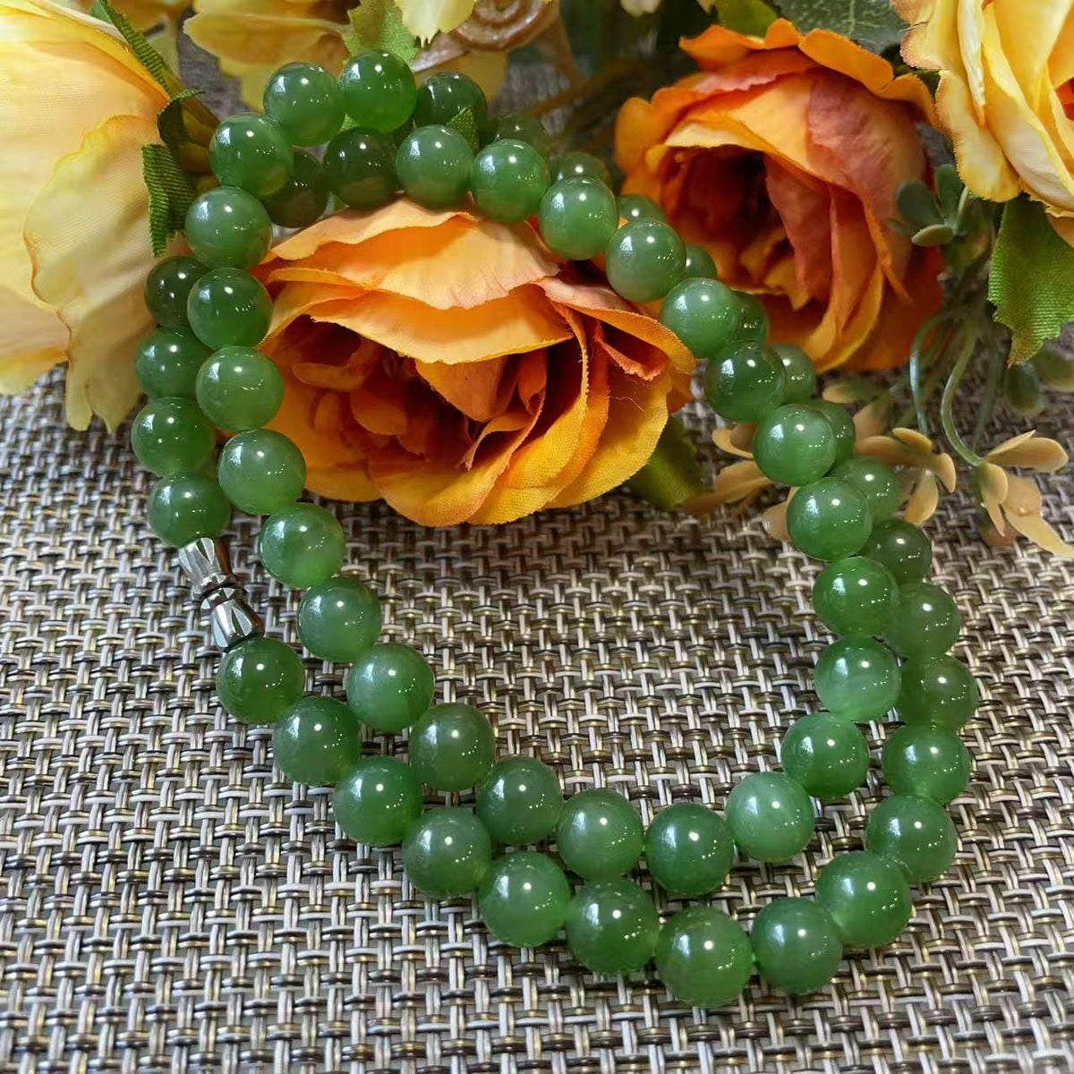 Certified Natural Green Jade Bead Necklace ,8mm Beaded Jade Chain, Nephrite Jade Necklace, 18” Length