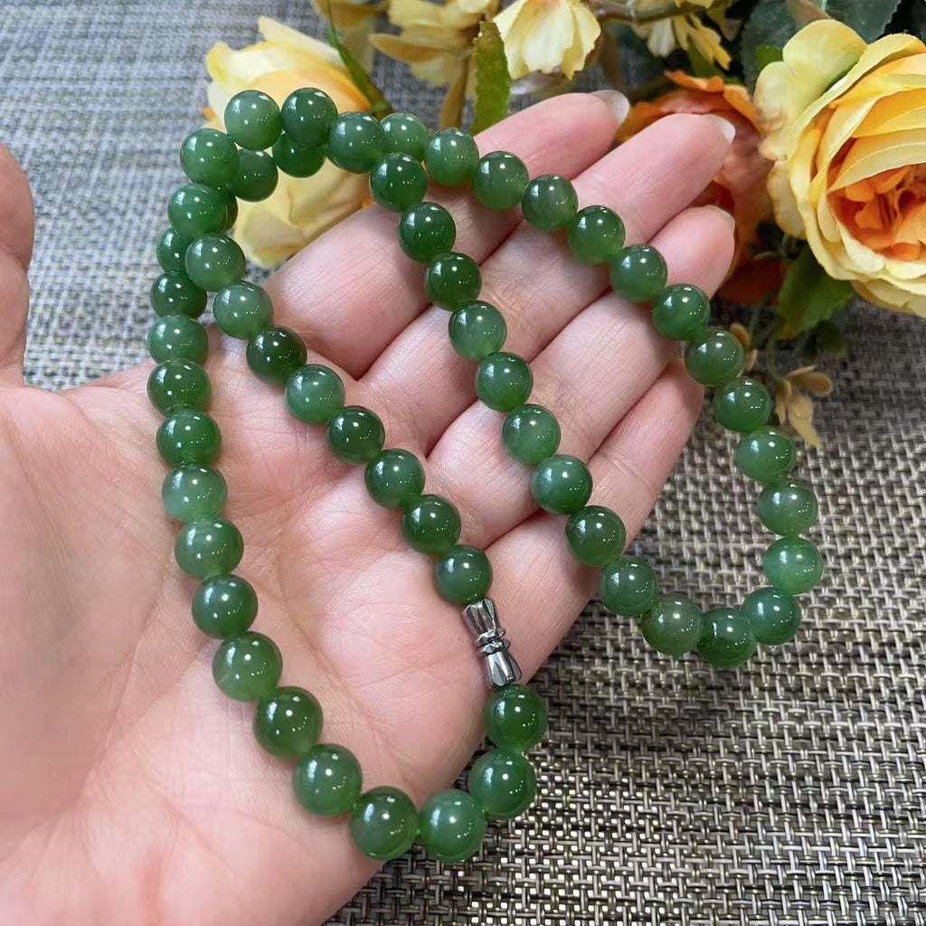 Certified Natural Green Jade Bead Necklace ,8mm Beaded Jade Chain, Nephrite Jade Necklace, 18” Length