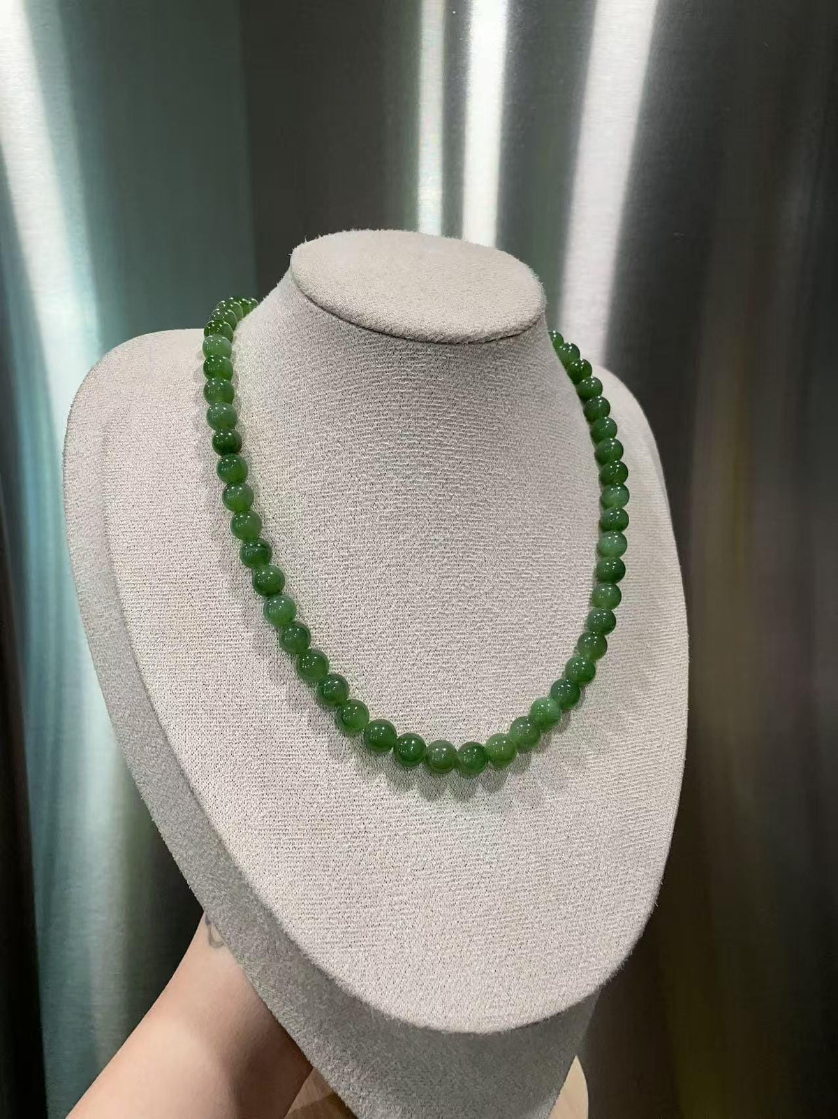 Certified Natural Green Jade Bead Necklace ,8mm Beaded Jade Chain, Nephrite Jade Necklace, 18” Length