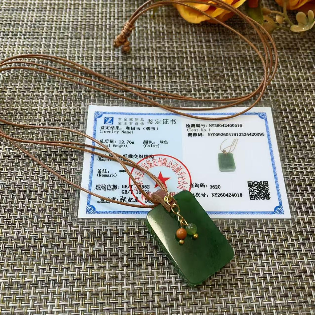 Certified Natural Jade Square Pendant Necklace, Deep Green Jade Pendent , Handmade Natural Nephrite Jade Gift, Minimalist Jade Tag Necklace