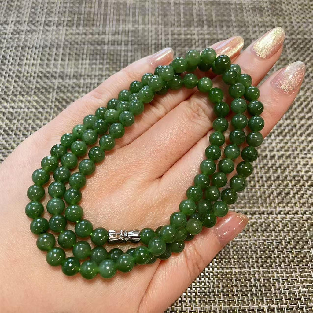 Certified Natural Moss Green Jade Bead Necklace , 6mm Beaded Long Chain 25” Length, Real Green Jade, Nephrite Jade Necklace, Minimalist Jade