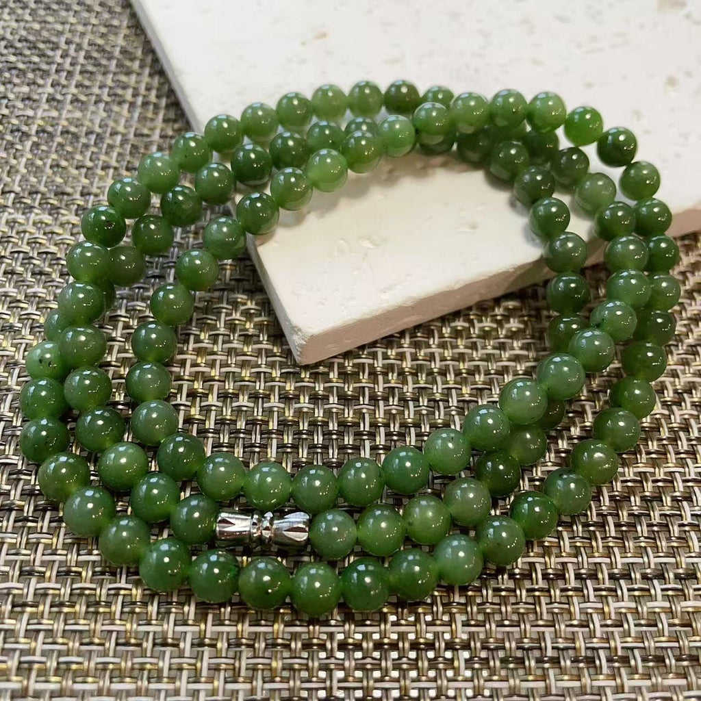 Certified Natural Moss Green Jade Bead Necklace , 6mm Beaded Long Chain 25” Length, Real Green Jade, Nephrite Jade Necklace, Minimalist Jade