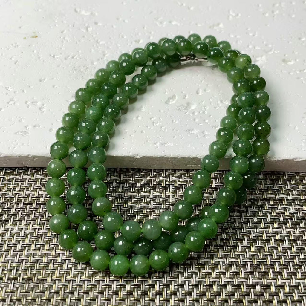 Certified Natural Moss Green Jade Bead Necklace , 6mm Beaded Long Chain 25” Length, Real Green Jade, Nephrite Jade Necklace, Minimalist Jade