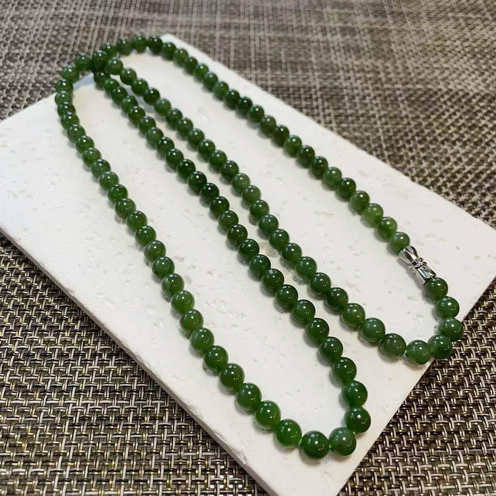 Certified Natural Moss Green Jade Bead Necklace , 6mm Beaded Long Chain 25” Length, Real Green Jade, Nephrite Jade Necklace, Minimalist Jade