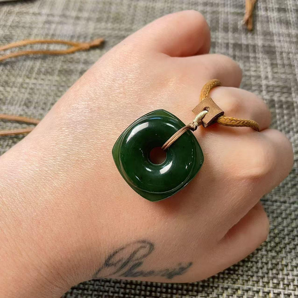 Certified Natural Jade Square Donut Pendant Necklace, Deep Green Jade Pendent , Handmade Natural Nephrite Jade Gift, Minimalist Jade