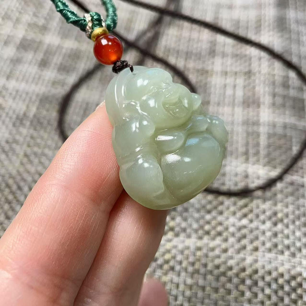 Natural Icy Spring Water Jade Buddha Pendant , Certified Hand-Carved Nephrite Jade Laughing Buddha Necklace, One of a Kind, Jade Jewelry
