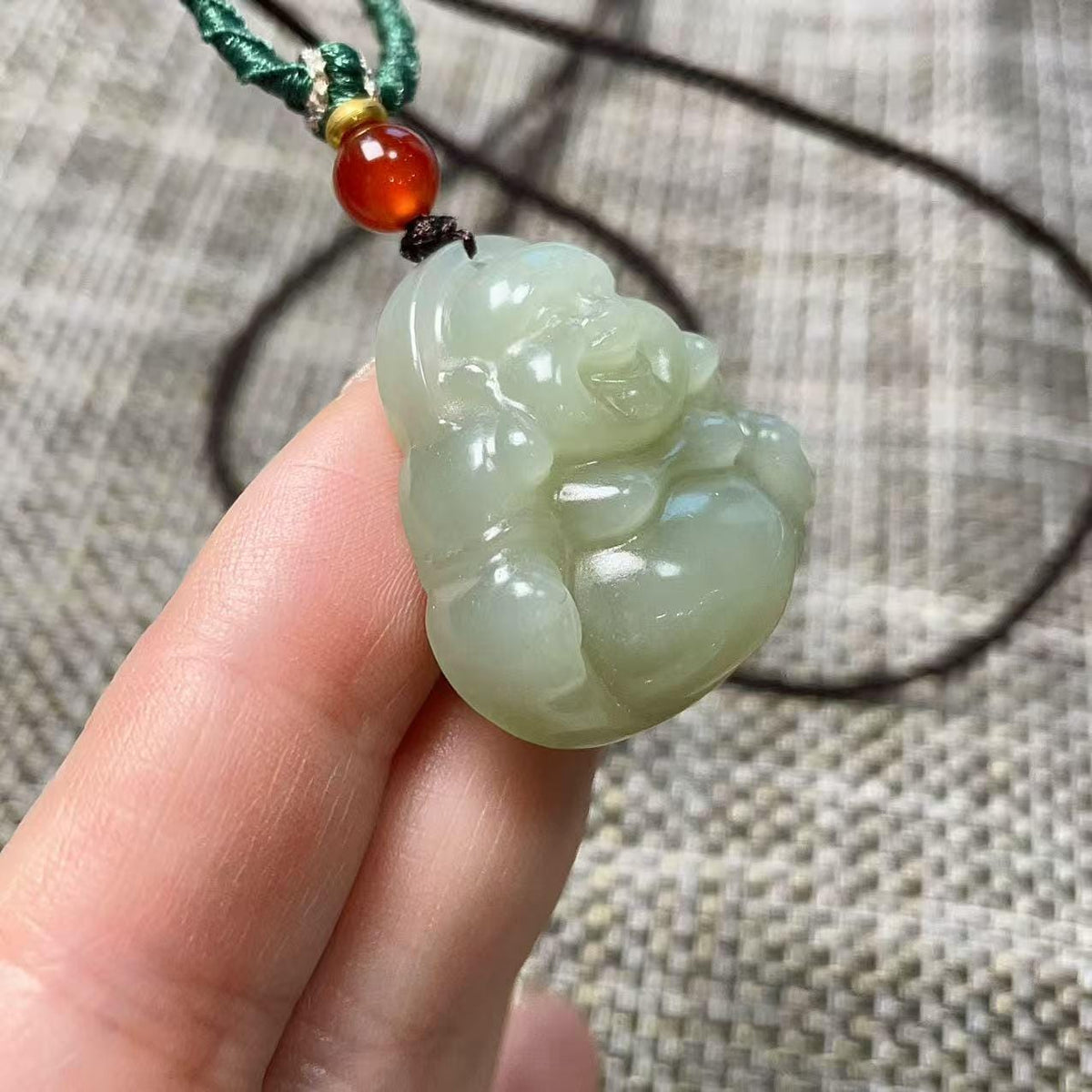 Natural Icy Spring Water Jade Buddha Pendant , Certified Hand-Carved Nephrite Jade Laughing Buddha Necklace, One of a Kind, Jade Jewelry