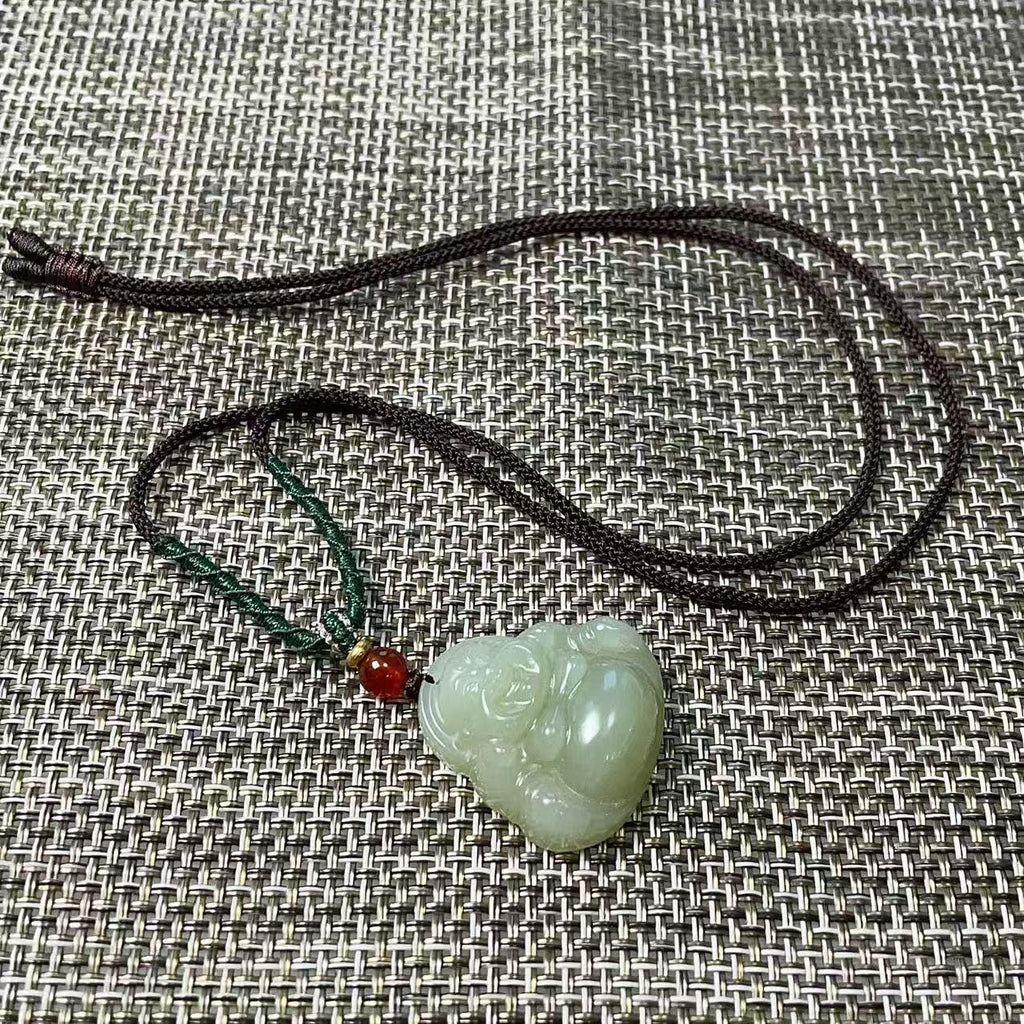 Natural Icy Spring Water Jade Buddha Pendant , Certified Hand-Carved Nephrite Jade Laughing Buddha Necklace, One of a Kind, Jade Jewelry