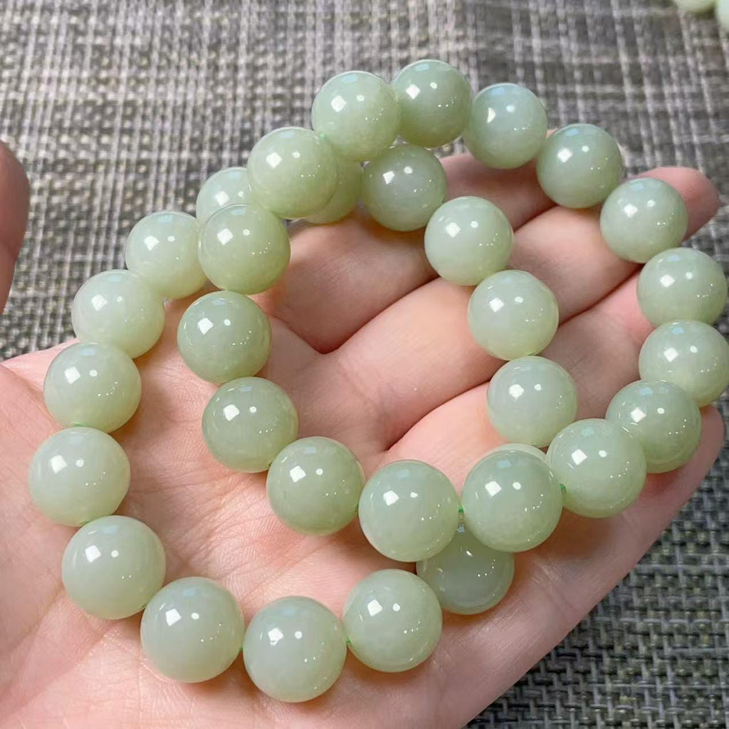 Certified Natural Light Peppermint Green Nephrite Jade Bracelet , 11.5-12mm Round Beads , Certified Jade Bracelet, Soft Mint Green Jade