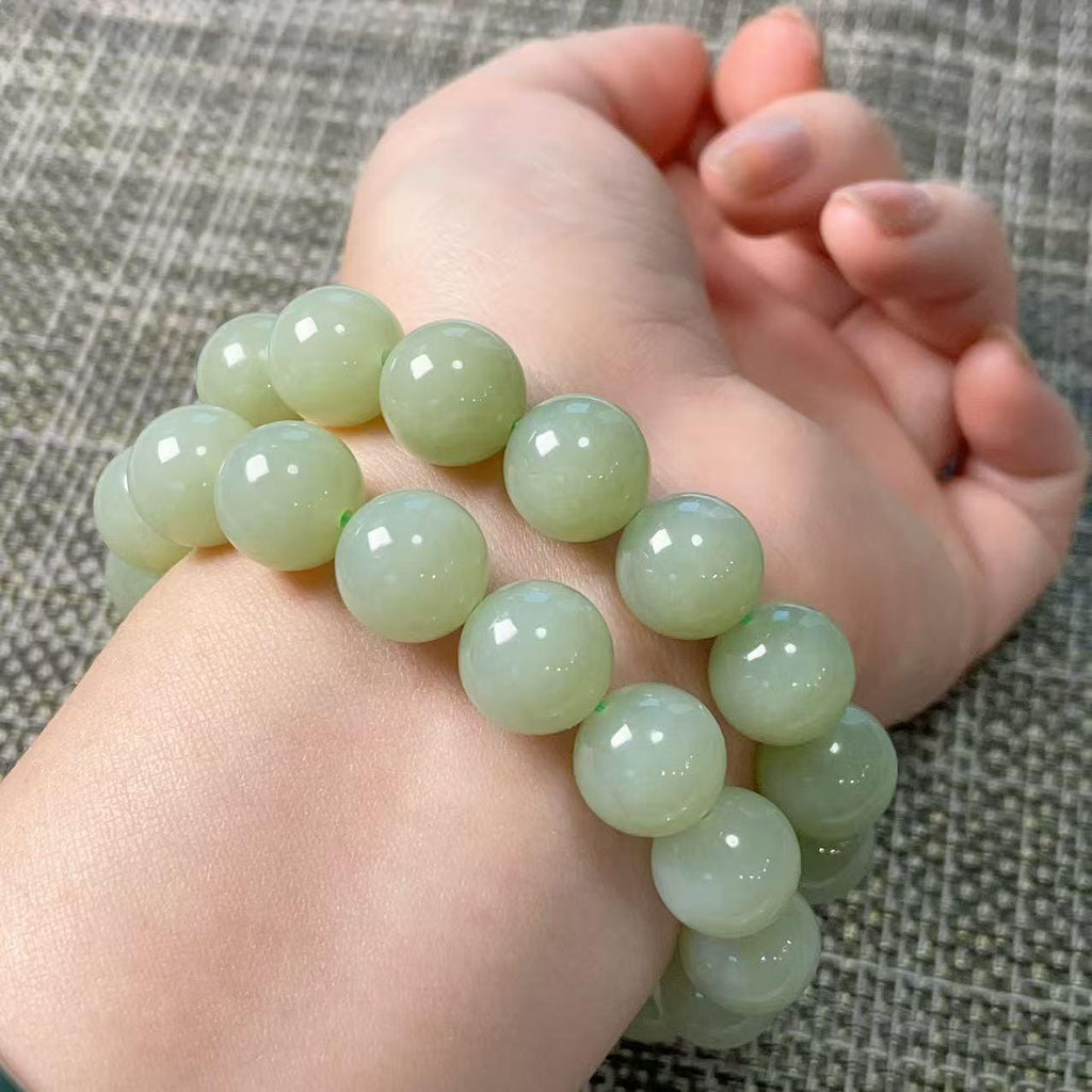 Certified Natural Light Peppermint Green Nephrite Jade Bracelet , 11.5-12mm Round Beads , Certified Jade Bracelet, Soft Mint Green Jade