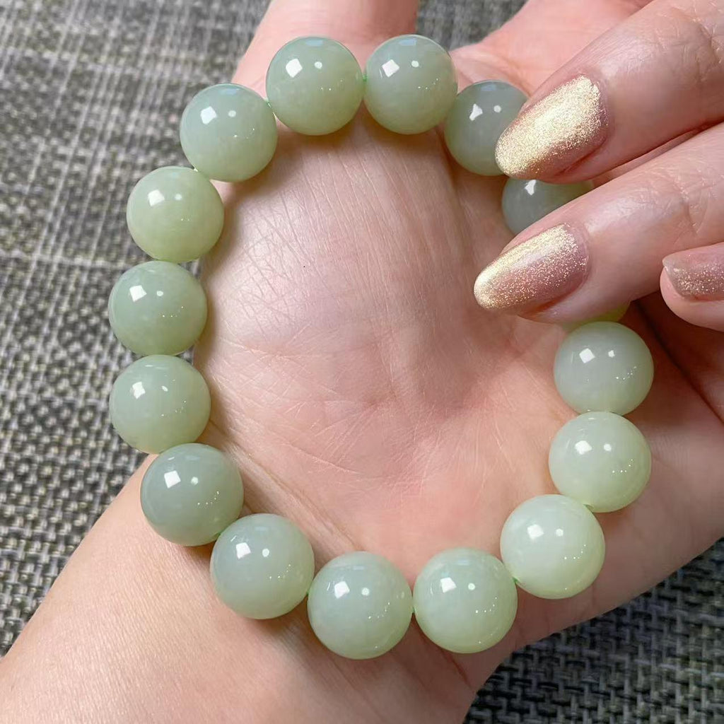Certified Natural Light Peppermint Green Nephrite Jade Bracelet , 11.5-12mm Round Beads , Certified Jade Bracelet, Soft Mint Green Jade