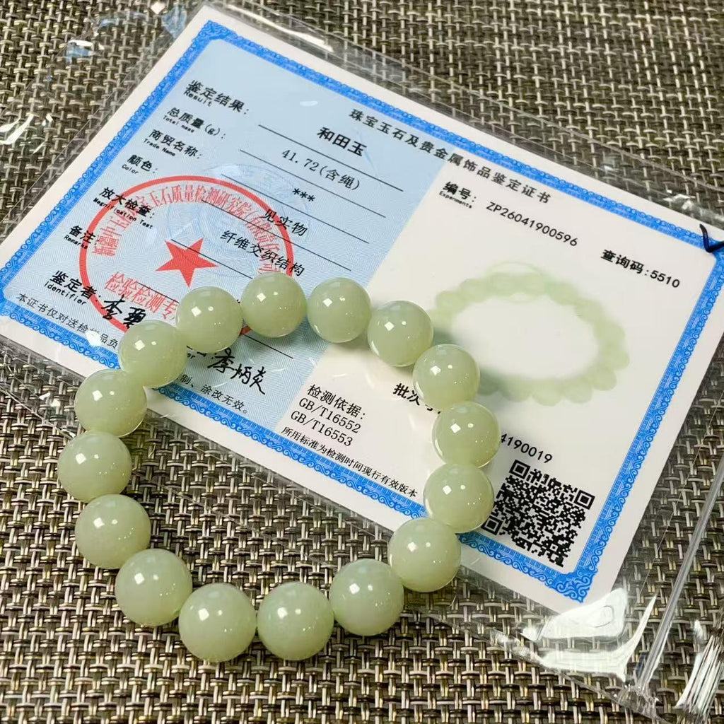 Certified Natural Light Peppermint Green Nephrite Jade Bracelet , 11.5-12mm Round Beads , Certified Jade Bracelet, Soft Mint Green Jade
