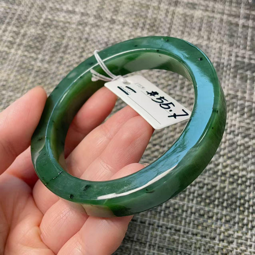 Certified Natural Jade Bangle, 55.7mm Size Minimalist Bangle Bracelet, Deep Green Square Cut Jade Bangle, Real Green Jade Bangle