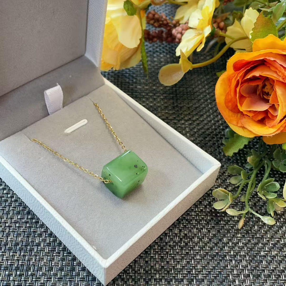Certified Green Jade Cube Pendant Necklace | Natural Nephrite Jade Pendant | Minimalist Jade Necklace | Jade Gift for Her