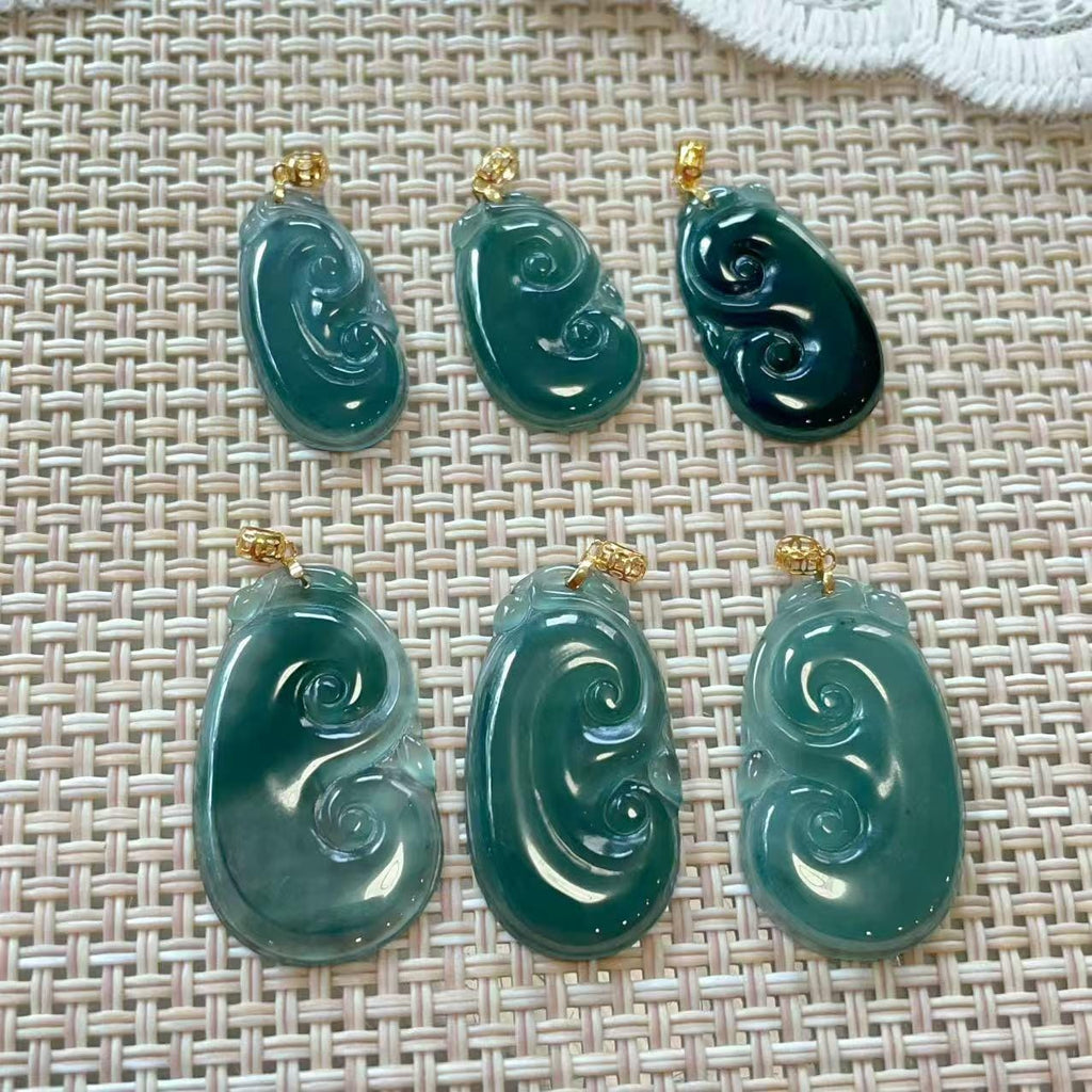 Certified Natural Blue Jadeite Ruyi Pendant(with chain) , Icy Jade Necklace , 18K Gold Bail Pendent, Certified Jadeite, Real Blue Jadeite
