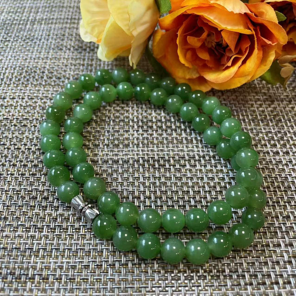Certified Natural Green Jade Bead Necklace ,8mm Beaded Jade Chain, Nephrite Jade Necklace, 18” Length