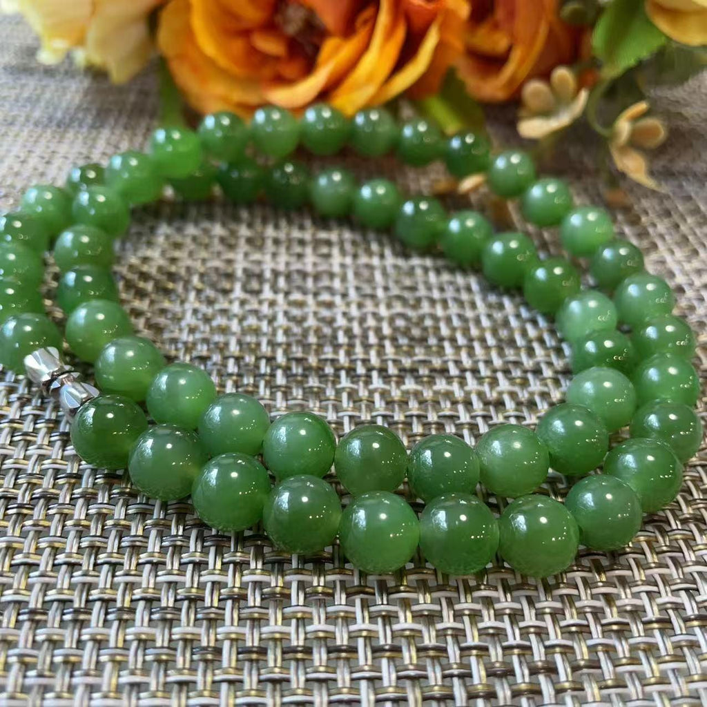 Certified Natural Green Jade Bead Necklace ,8mm Beaded Jade Chain, Nephrite Jade Necklace, 18” Length