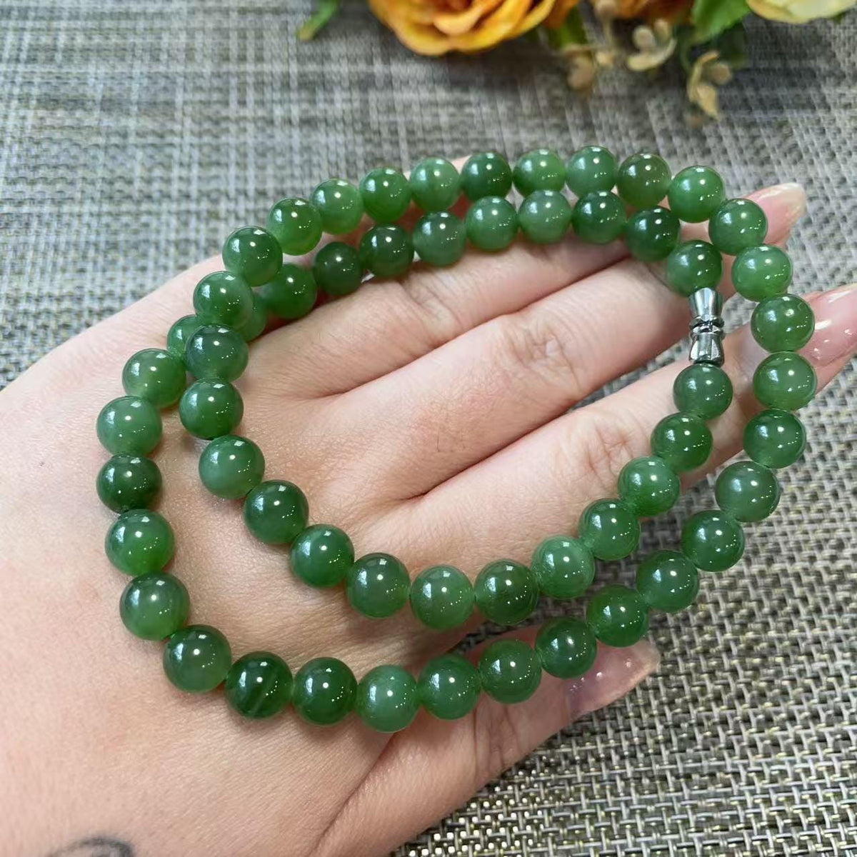 Certified Natural Green Jade Bead Necklace ,8mm Beaded Jade Chain, Nephrite Jade Necklace, 18” Length
