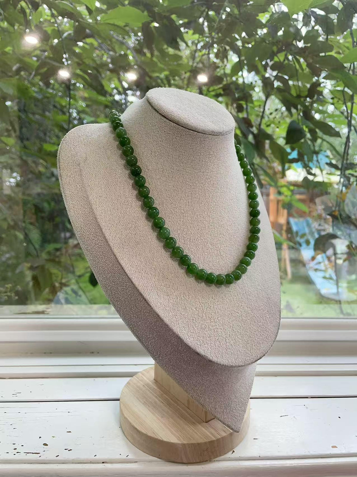 Certified Natural Green Jade Bead Necklace ,8mm Beaded Jade Chain, Nephrite Jade Necklace, 18” Length