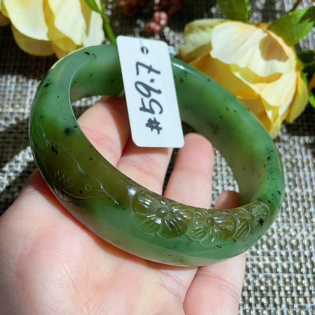 Certified Natural Nephrite Jade Bangle Bracelet ,Wide Carved Jade Bangle, Size 59.7mm , Light Green Jade, Handmade Jewelry Gift, One of kind