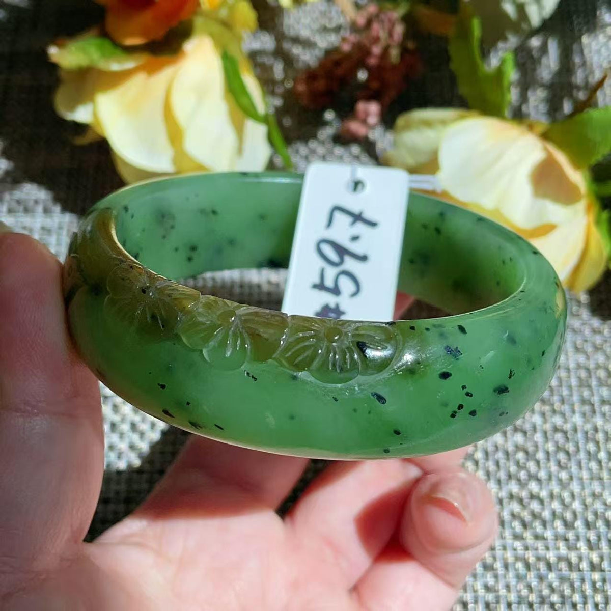 Certified Natural Nephrite Jade Bangle Bracelet ,Wide Carved Jade Bangle, Size 59.7mm , Light Green Jade, Handmade Jewelry Gift, One of kind
