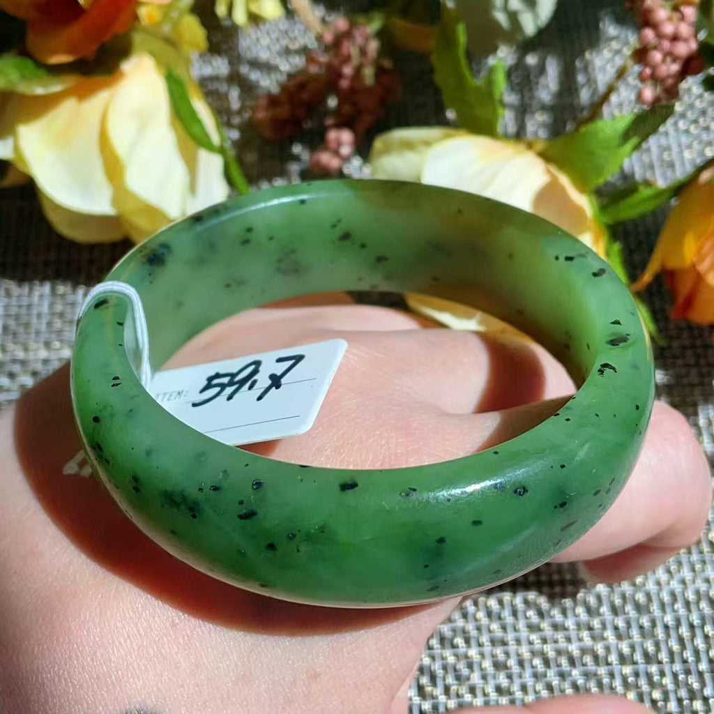 Certified Natural Nephrite Jade Bangle Bracelet ,Wide Carved Jade Bangle, Size 59.7mm , Light Green Jade, Handmade Jewelry Gift, One of kind