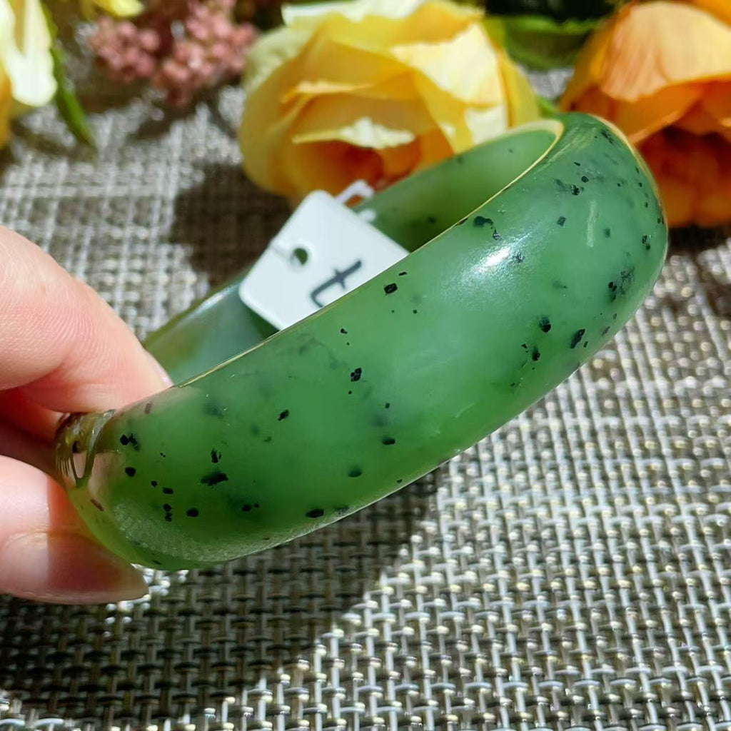 Certified Natural Nephrite Jade Bangle Bracelet ,Wide Carved Jade Bangle, Size 59.7mm , Light Green Jade, Handmade Jewelry Gift, One of kind