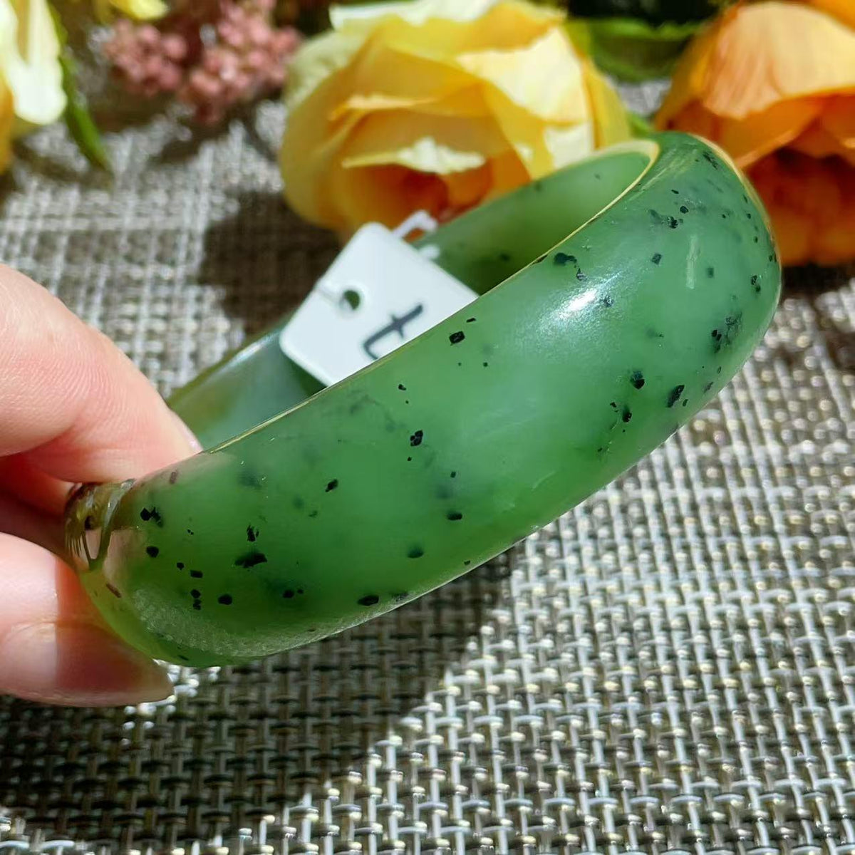 Certified Natural Nephrite Jade Bangle Bracelet ,Wide Carved Jade Bangle, Size 59.7mm , Light Green Jade, Handmade Jewelry Gift, One of kind