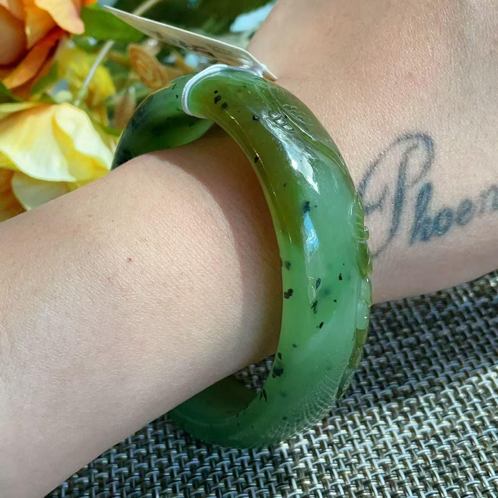 Certified Natural Nephrite Jade Bangle Bracelet ,Wide Carved Jade Bangle, Size 59.7mm , Light Green Jade, Handmade Jewelry Gift, One of kind
