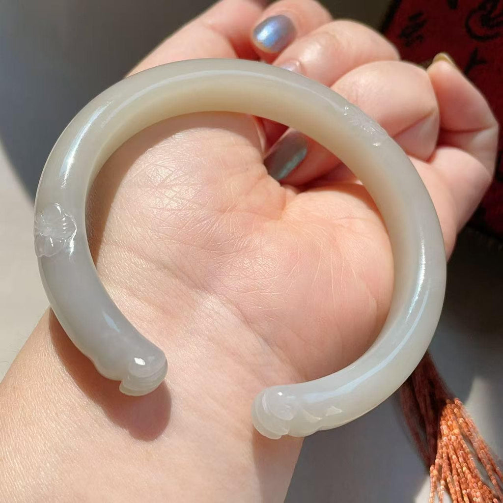 Certified Hand Carved Nephrite Jade Cat Paw Bangle | Lotus Pink Lavender Jade Bracelet Bangle | Natural Jade | 60.5mm Bangle, One of a Kind