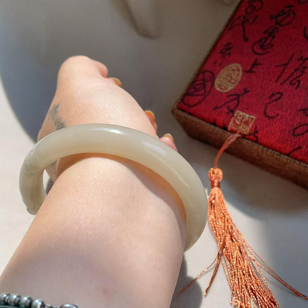 Certified Hand Carved Nephrite Jade Cat Paw Bangle | Lotus Pink Lavender Jade Bracelet Bangle | Natural Jade | 60.5mm Bangle, One of a Kind