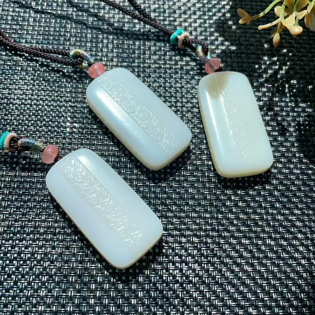 Certified Natural Creamy White Nephrite Jade Pendant | Double-Sided Auspicious Cloud Carving | Certified Jade Amulet Necklace