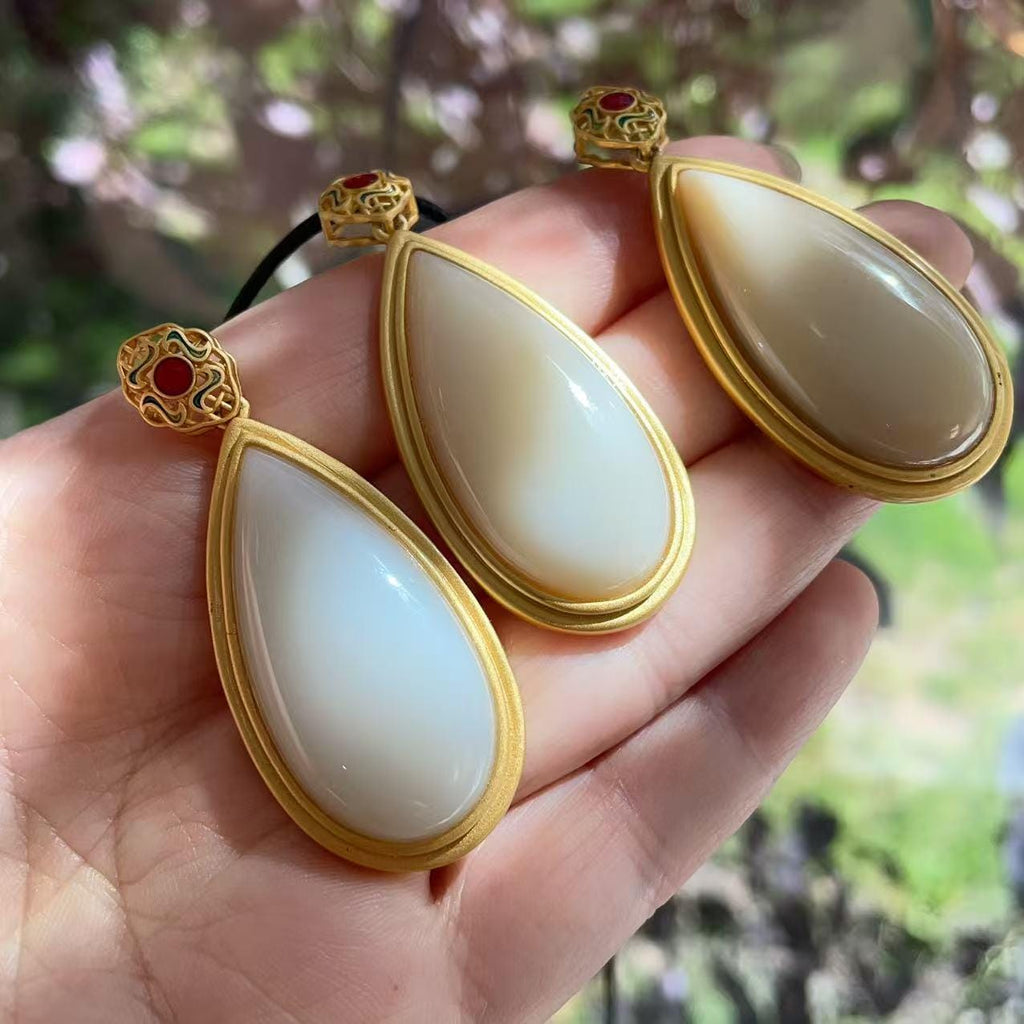 Certified Natural Nephrite Jade Teardrop Pendant Necklace, Cream White Jade, 925 Silver, Handmade Statement Necklace Gift, Real Jade Gift