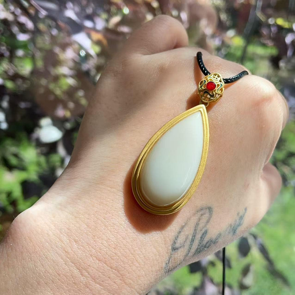 Certified Natural Nephrite Jade Teardrop Pendant Necklace, Cream White Jade, 925 Silver, Handmade Statement Necklace Gift, Real Jade Gift
