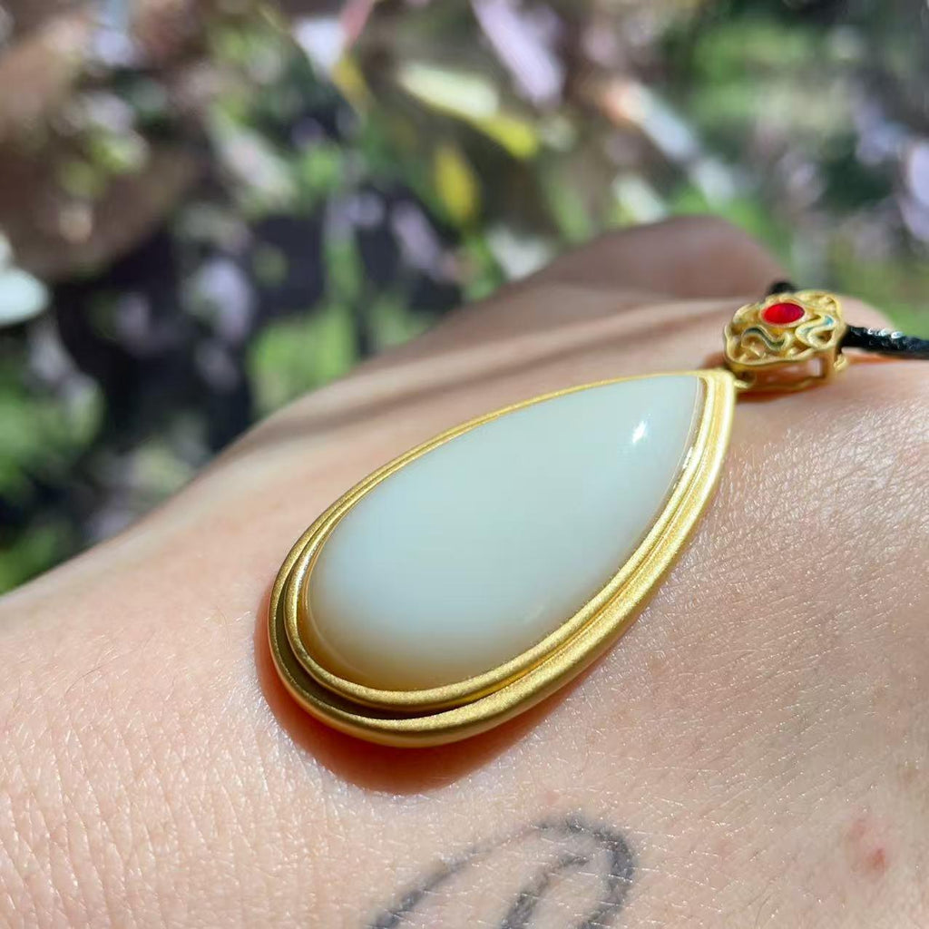 Certified Natural Nephrite Jade Teardrop Pendant Necklace, Cream White Jade, 925 Silver, Handmade Statement Necklace Gift, Real Jade Gift