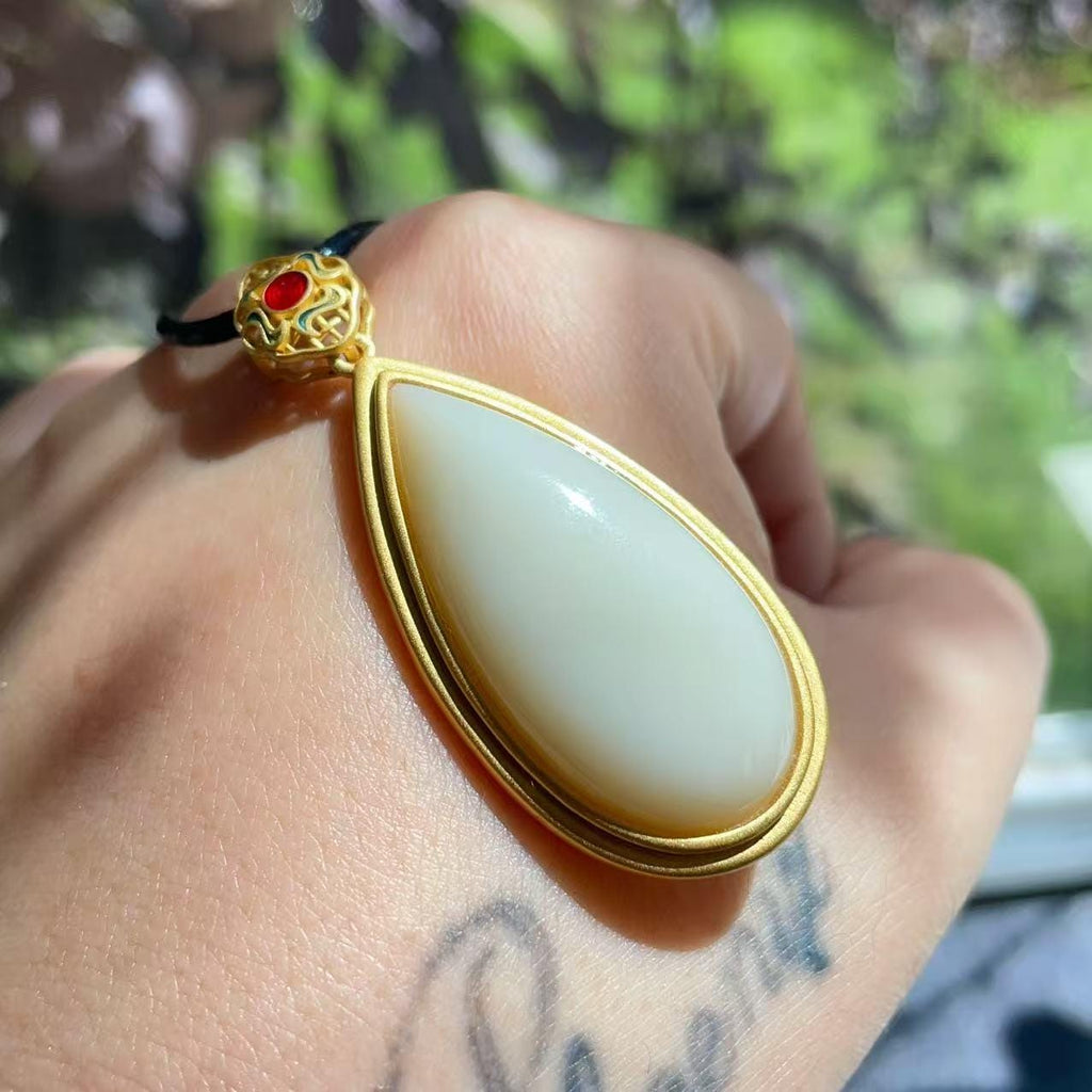 Certified Natural Nephrite Jade Teardrop Pendant Necklace, Cream White Jade, 925 Silver, Handmade Statement Necklace Gift, Real Jade Gift