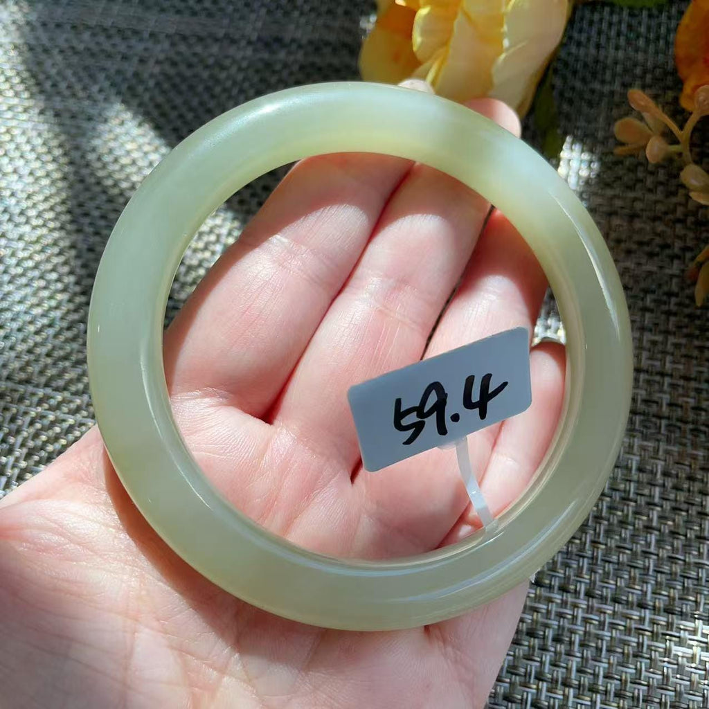 Natural Icy Celadon Nephrite Jade Bangle Bracelet , Translucent Fine Jade Bracelet , 59.4mm Round Jade Bangle , Gift for Her