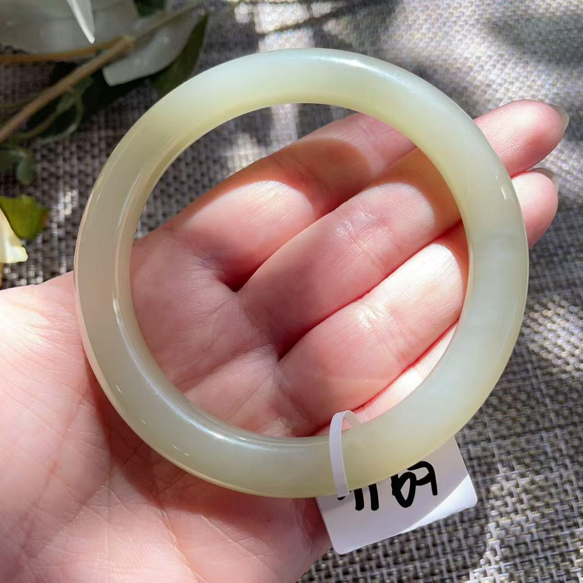 Natural Icy Celadon Nephrite Jade Bangle Bracelet , Translucent Fine Jade Bracelet , 59.4mm Round Jade Bangle , Gift for Her