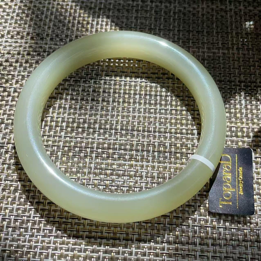 Certified Natural Icy Celadon Nephrite Jade Bangle Bracelet , Translucent Fine Jade Bracelet , 59.3mm Round Jade Bangle , Gift for Her