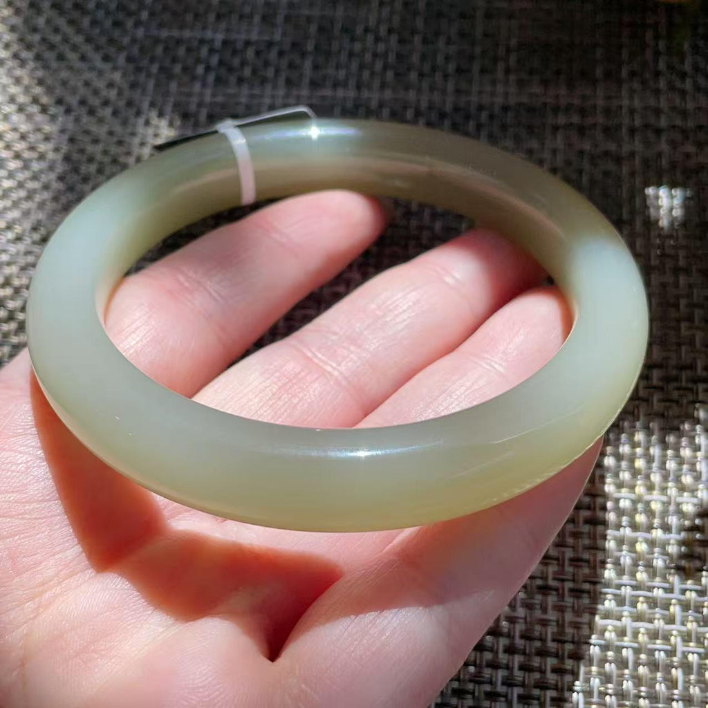 Certified Natural Icy Celadon Nephrite Jade Bangle Bracelet , Translucent Fine Jade Bracelet , 59.3mm Round Jade Bangle , Gift for Her