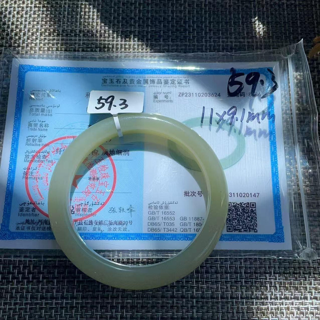 Certified Natural Icy Celadon Nephrite Jade Bangle Bracelet , Translucent Fine Jade Bracelet , 59.3mm Round Jade Bangle , Gift for Her