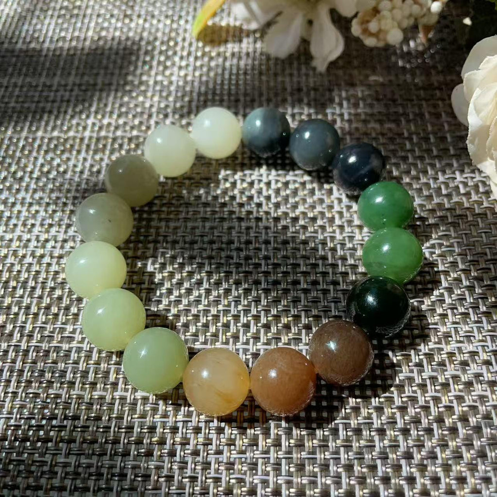 Natural Multicolor Nephrite Jade Beaded Bracelet 12mm | Certified Jade Gemstone Stretch Bracelet | Unisex Lucky Stone Gift
