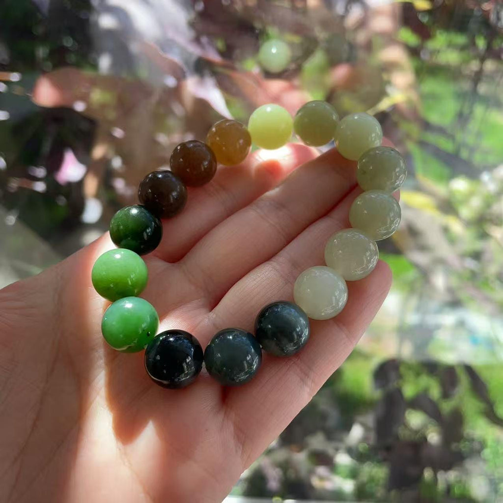 Natural Multicolor Nephrite Jade Beaded Bracelet 12mm | Certified Jade Gemstone Stretch Bracelet | Unisex Lucky Stone Gift