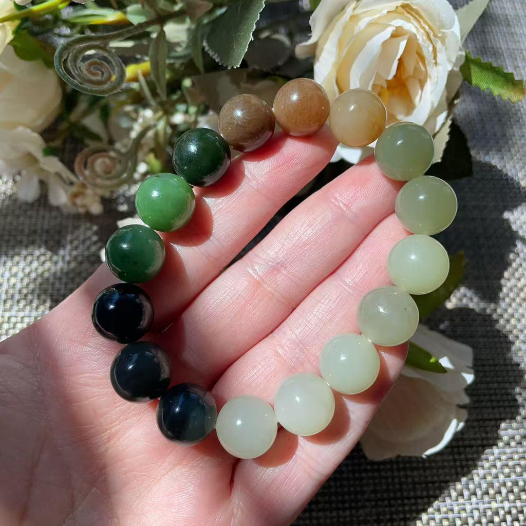 Natural Multicolor Nephrite Jade Beaded Bracelet 12mm | Certified Jade Gemstone Stretch Bracelet | Unisex Lucky Stone Gift