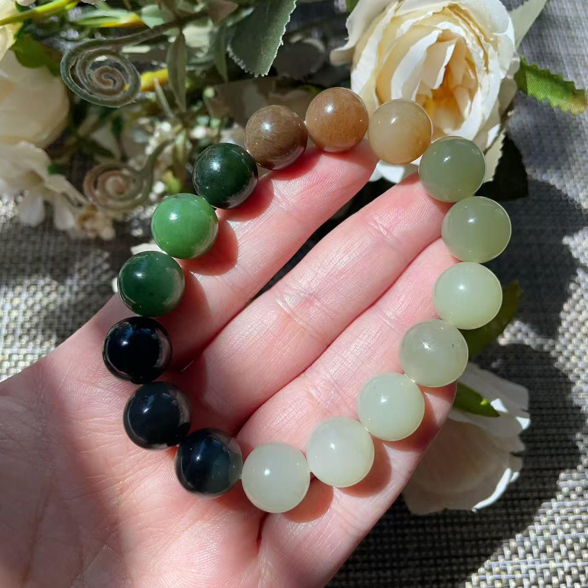 Natural Multicolor Nephrite Jade Beaded Bracelet 12mm | Certified Jade Gemstone Stretch Bracelet | Unisex Lucky Stone Gift