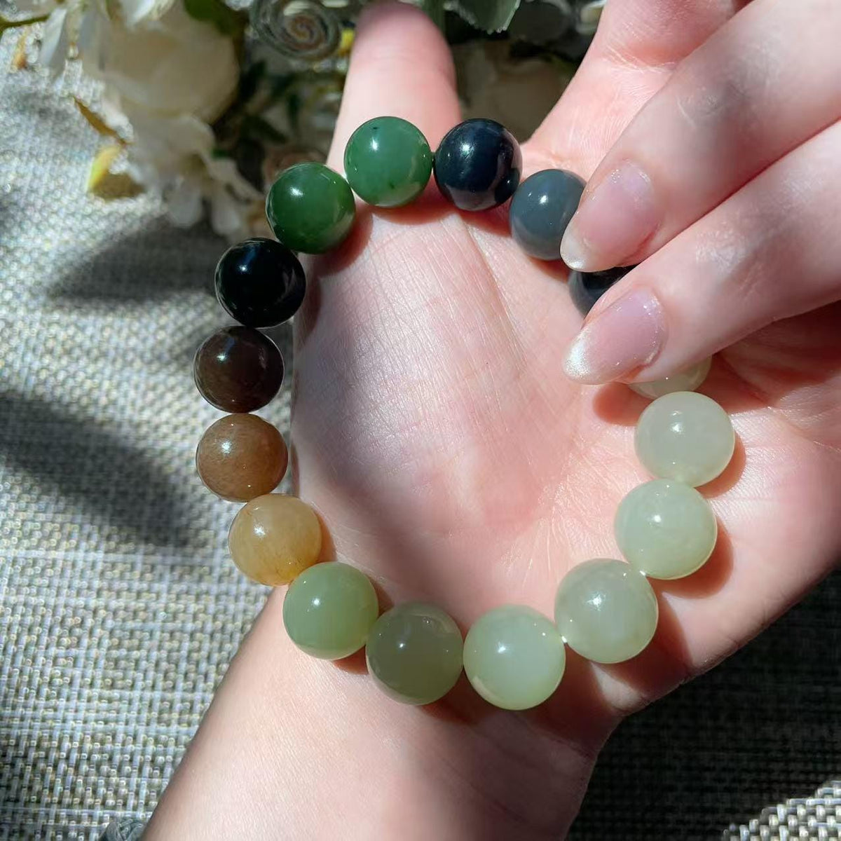 Natural Multicolor Nephrite Jade Beaded Bracelet 12mm | Certified Jade Gemstone Stretch Bracelet | Unisex Lucky Stone Gift