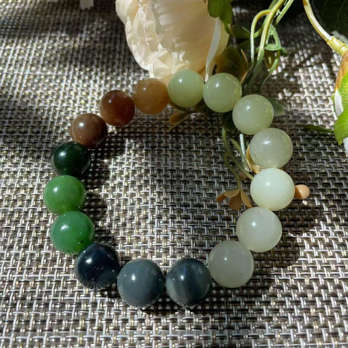 Natural Multicolor Nephrite Jade Beaded Bracelet 12mm | Certified Jade Gemstone Stretch Bracelet | Unisex Lucky Stone Gift