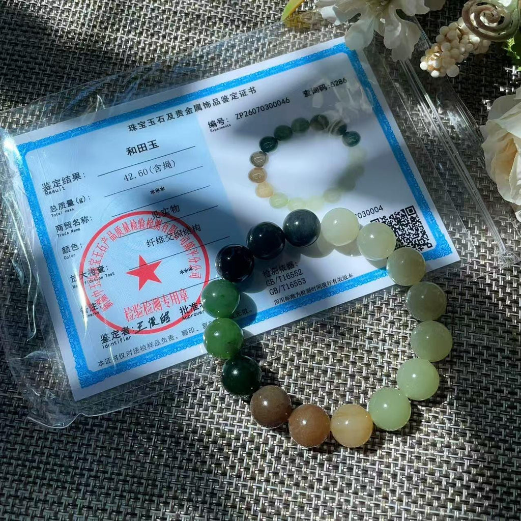Natural Multicolor Nephrite Jade Beaded Bracelet 12mm | Certified Jade Gemstone Stretch Bracelet | Unisex Lucky Stone Gift