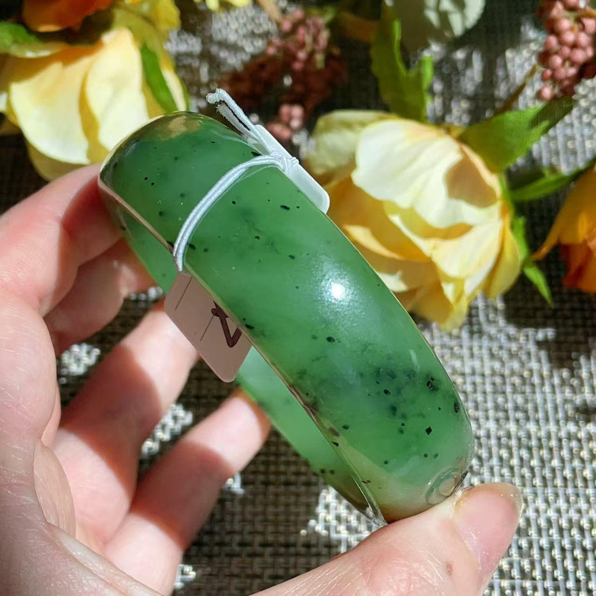 Certified Natural Nephrite Jade Bangle Bracelet ,Wide Carved Jade Bangle, Size 59.7mm , Light Green Jade, Handmade Jewelry Gift, One of kind