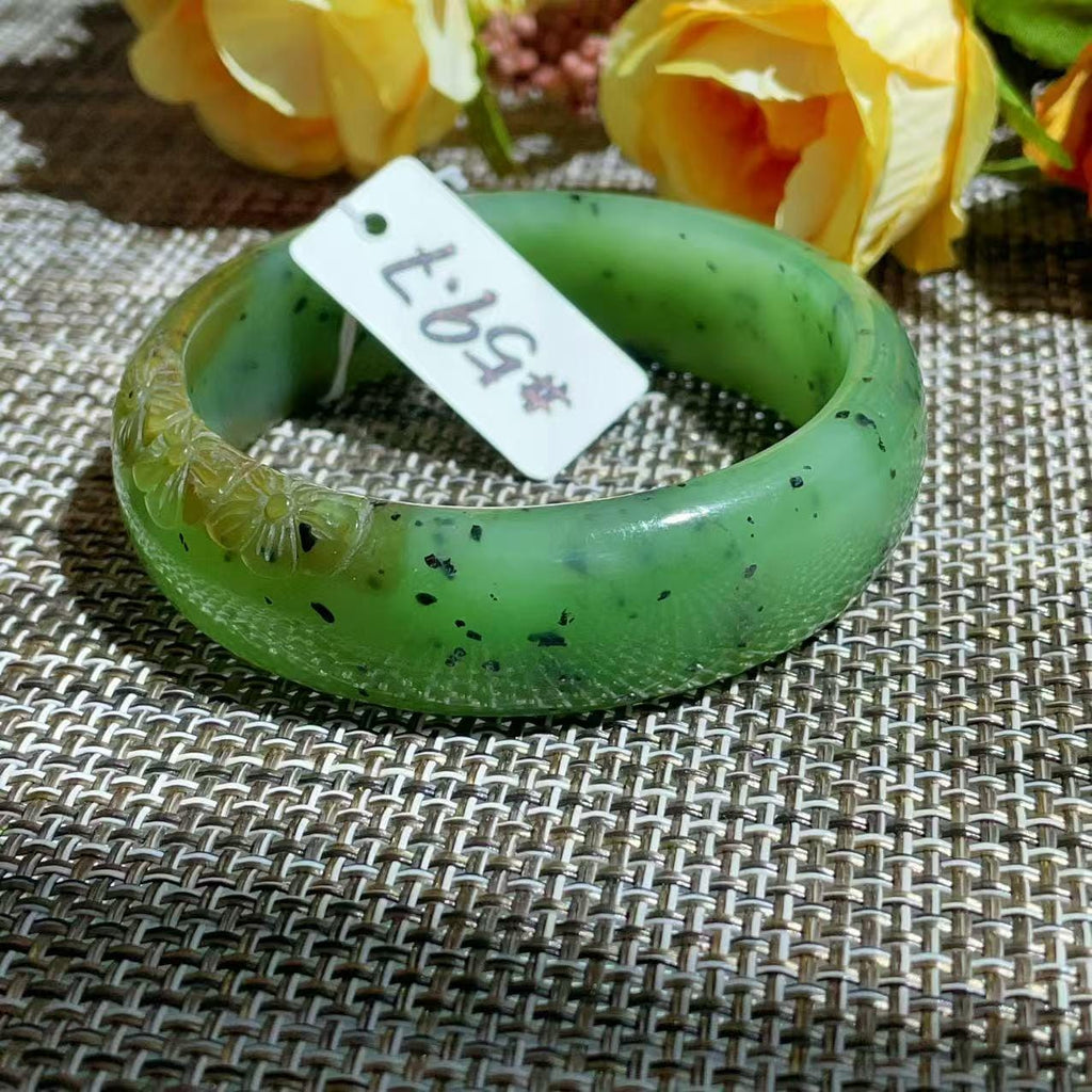 Certified Natural Nephrite Jade Bangle Bracelet ,Wide Carved Jade Bangle, Size 59.7mm , Light Green Jade, Handmade Jewelry Gift, One of kind
